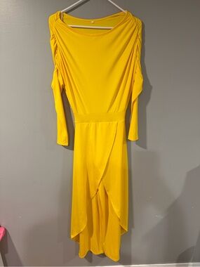 Yellow Draped High-Low Dress with Ruched Shoulders